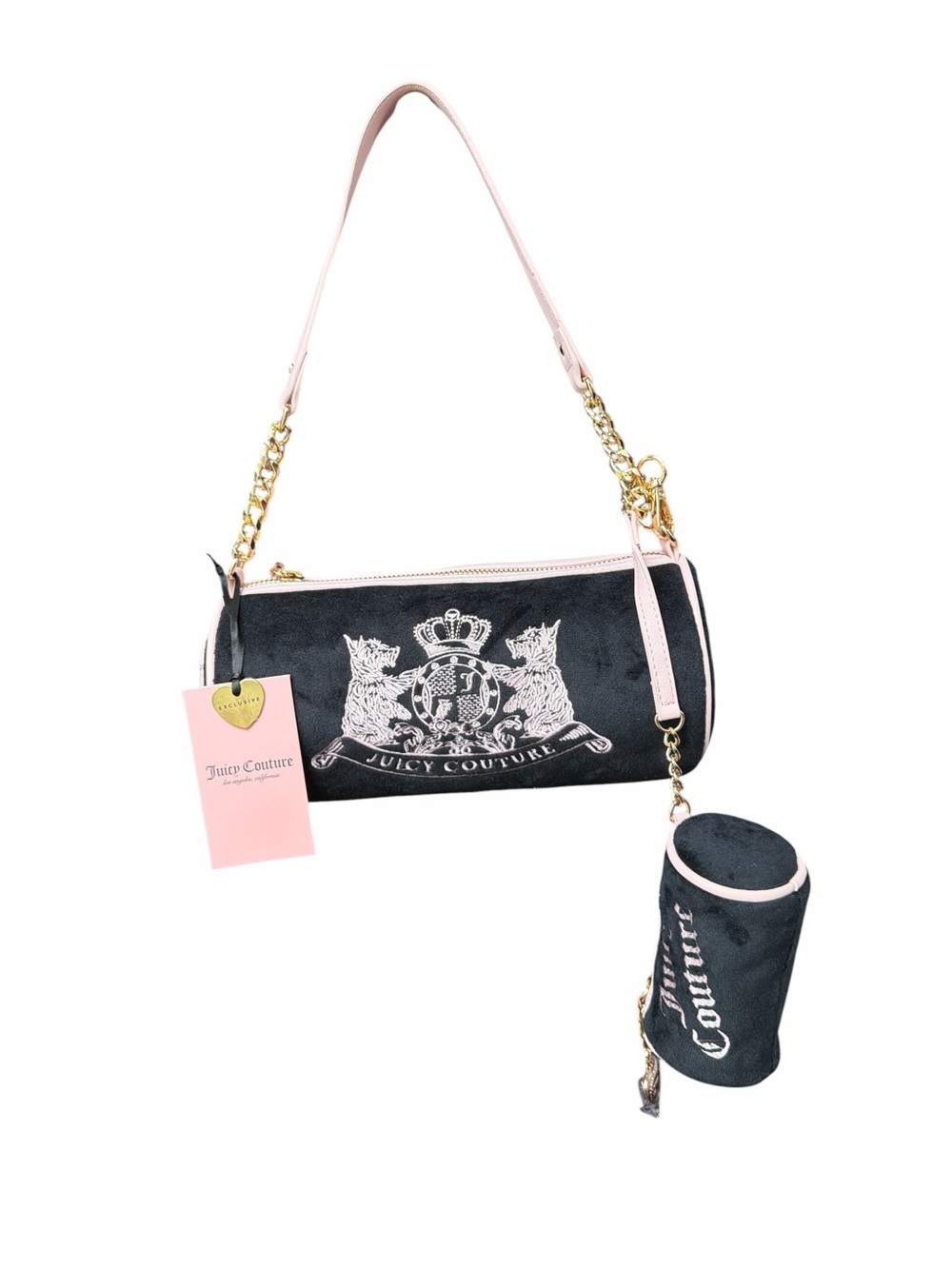 Juicy Couture Black Velvet Barrel Bag with Pink Trim